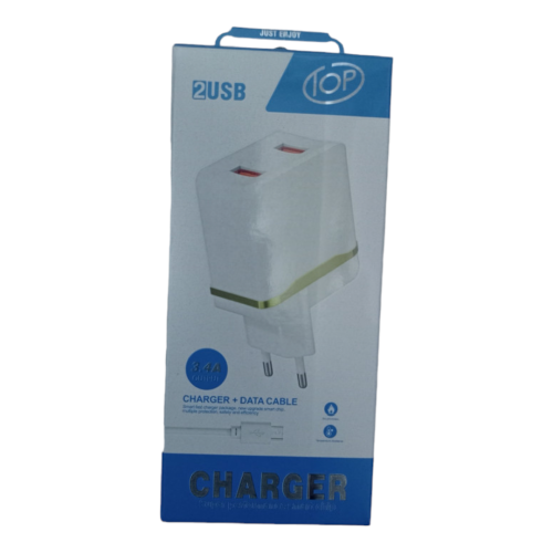 TOP fast charger + data cable 3.4A 2 USB port ቶፕ ፈጣን ቻርጀር